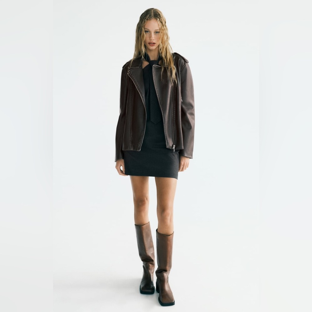 Zara FAUX LEATHER BIKER JACKET. Gray/Beige. Size XS. New with Tags. - Picture 5 of 12